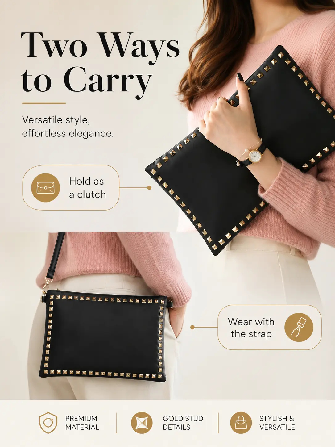 Women's Genuine Leather Embellished Clutch Bag - Chic Korean Dongdaemun Design, New European American Celebrity Style, Rivet-Encrusted Envelope Flap Western Purse, Genuine Leather Purse, Leather Clutch