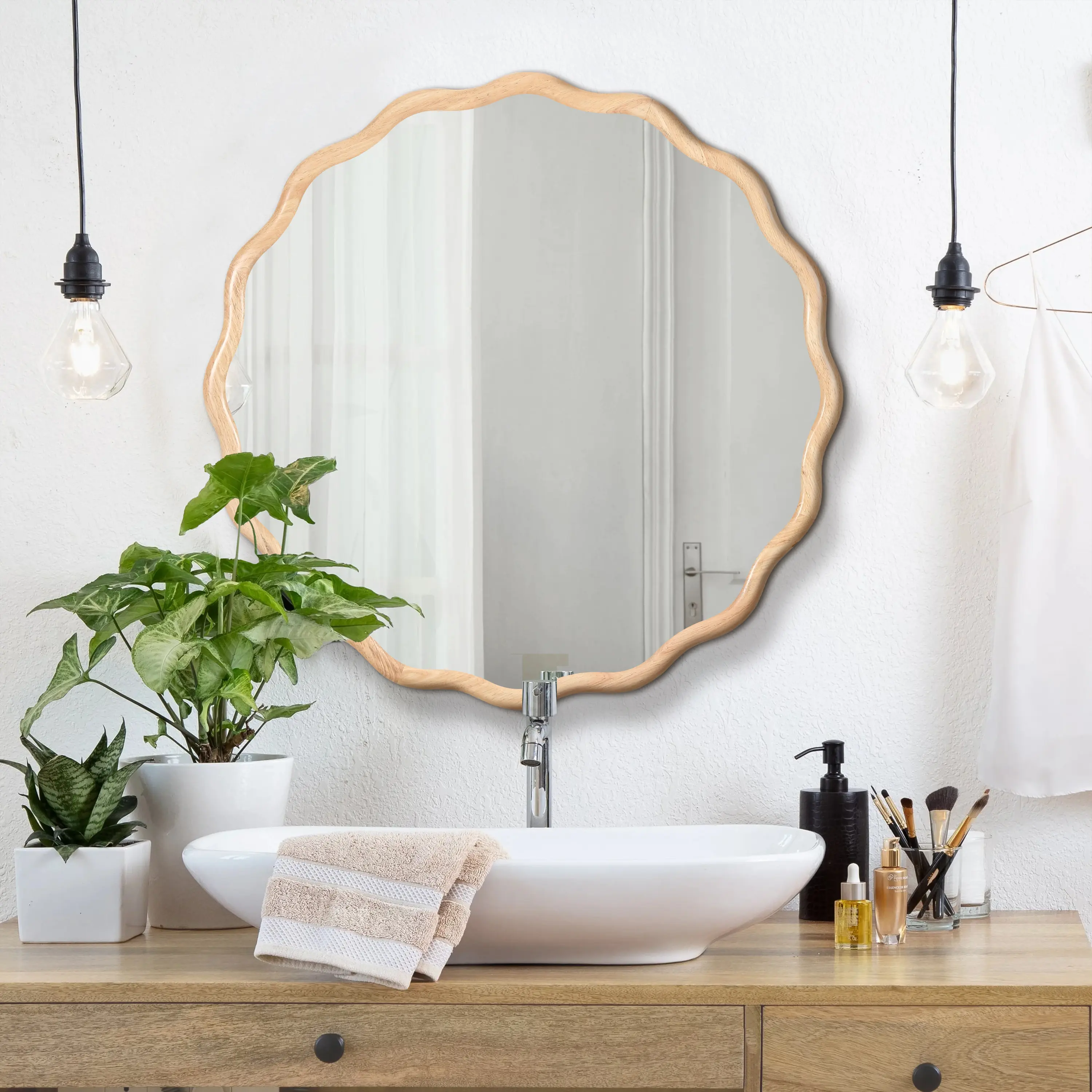 YYDS Solid Wood Wavy Mirror--Natural-Wood Vanity Mirror Wall Decor 31" x 31" Modern Mirror Wall Decor for Bathroom, Bedroom, Living Room, Dining Room, Cloakroom, Entryway