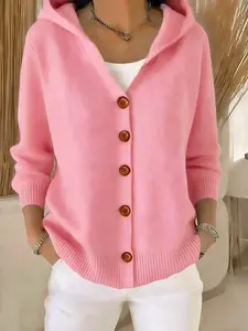 Women's Hooded Button Knit Cardigan, Soft Hood Design, Long Sleeve Open Front Sweater, Elegant Versatile for Spring Fall Winter
