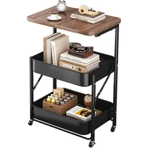 3-Tier Foldable Metal Rolling Utility Cart, GUYGU Multi-Use Storage Cart with MDF Top & Wheels, Mobile Shelving Unit for Kitchen Bedroom Laundry, Black/White