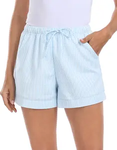 HDE Women's Linen Blend Drawstring Shorts High Waisted 4" Inseam Summer Shorts airport outfit Striped Womenswear