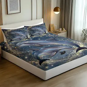Galaxy Dolphin Fitted Bed Sheet Set - 2 Pillowcases + 1 Fitted Sheet，Full Size Shiny Starry Ocean Theme Bedding Set for Cozy Room Decor