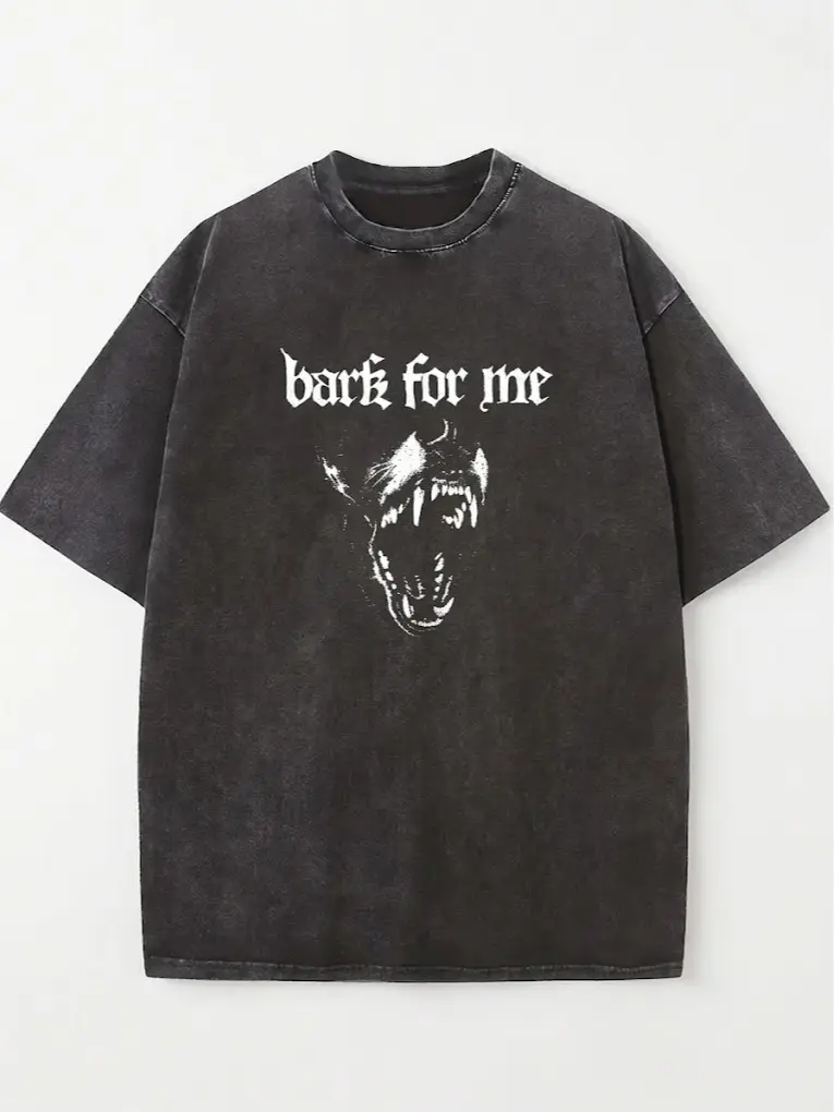 Menswear Oversized Short-Sleeve T-Shirt - Vintage Acid Washed Unisex Gothic "Bark For Me" Wolf Head Graphic, Grunge Dark Aesthetic Streetwear Top for Men,Tshirt