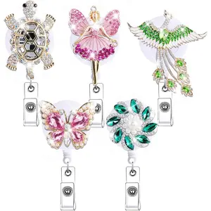 5 count Glitter  Nurse Badge Reel Retractable Cute Bling Rhinestone Turtle Butterfly Flower Bird Badge Holder Clip  Student  Social Worker CNA RN ID Card Accessories