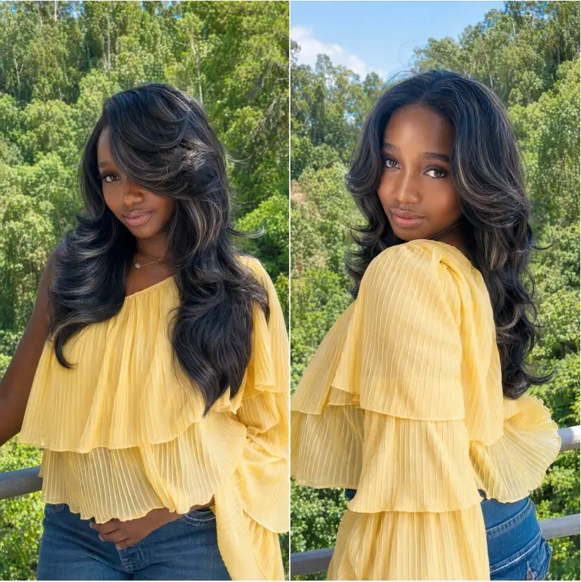 [Detroit Layers]Golden Black 24 Inches Big Head Friendly Kash Doll Layers Beginher Hair Extra Full & Voluminous Middle Part Heat Resistance Fiber 250% Density Big-Head Friendly T-Part Lace Synthetic Pre-Cut Glueless Wigs Color SummerVibes