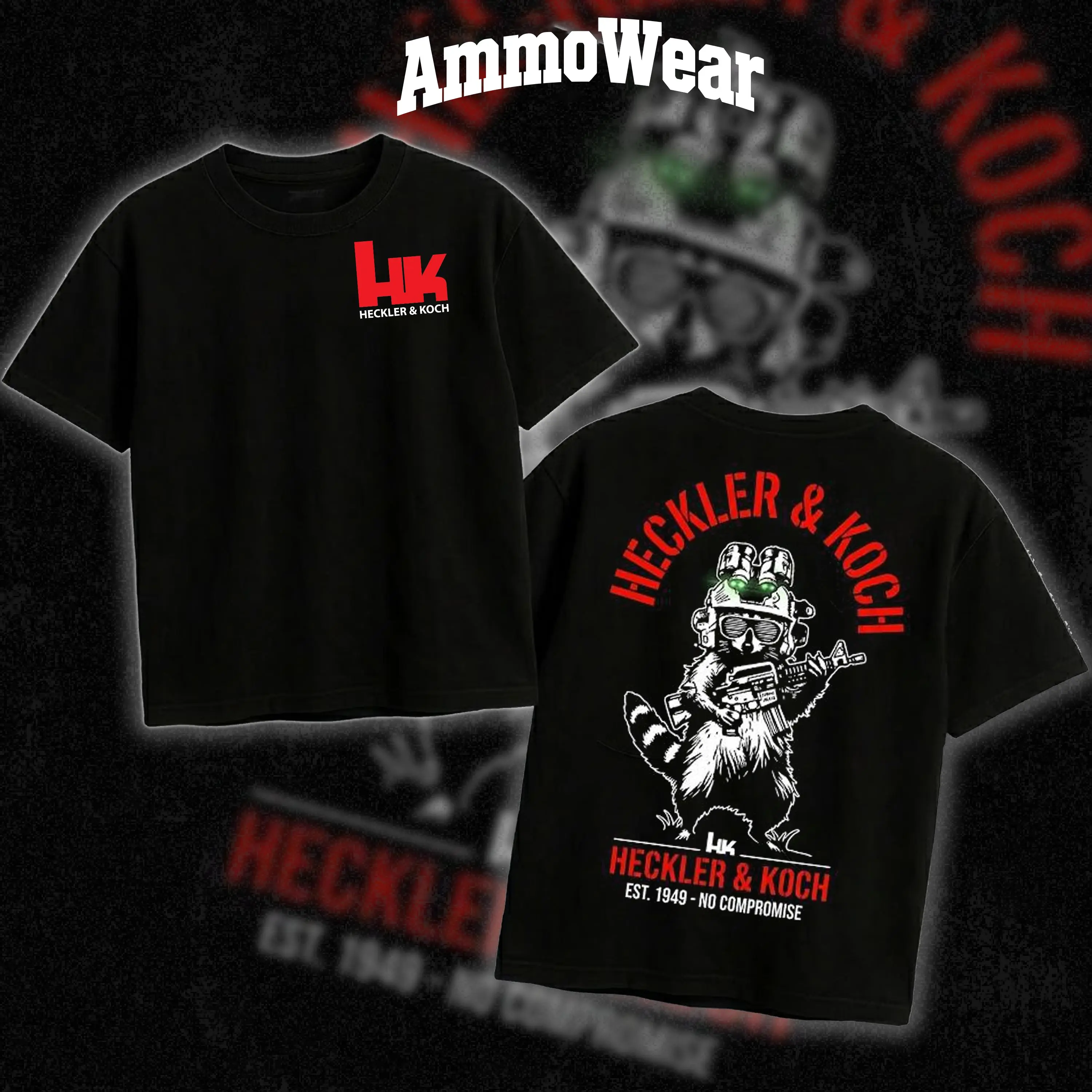 Heckler & Koch Tactical Raccoon Graphic Tee for Men, Night Vision Goggles Gun Enthusiast T-Shirt, Est 1949 No Compromise Top, Edgy Streetwear 2A Apparel, Casual Black Short Sleeve Shirt, Humorous Military Mens Fashion
