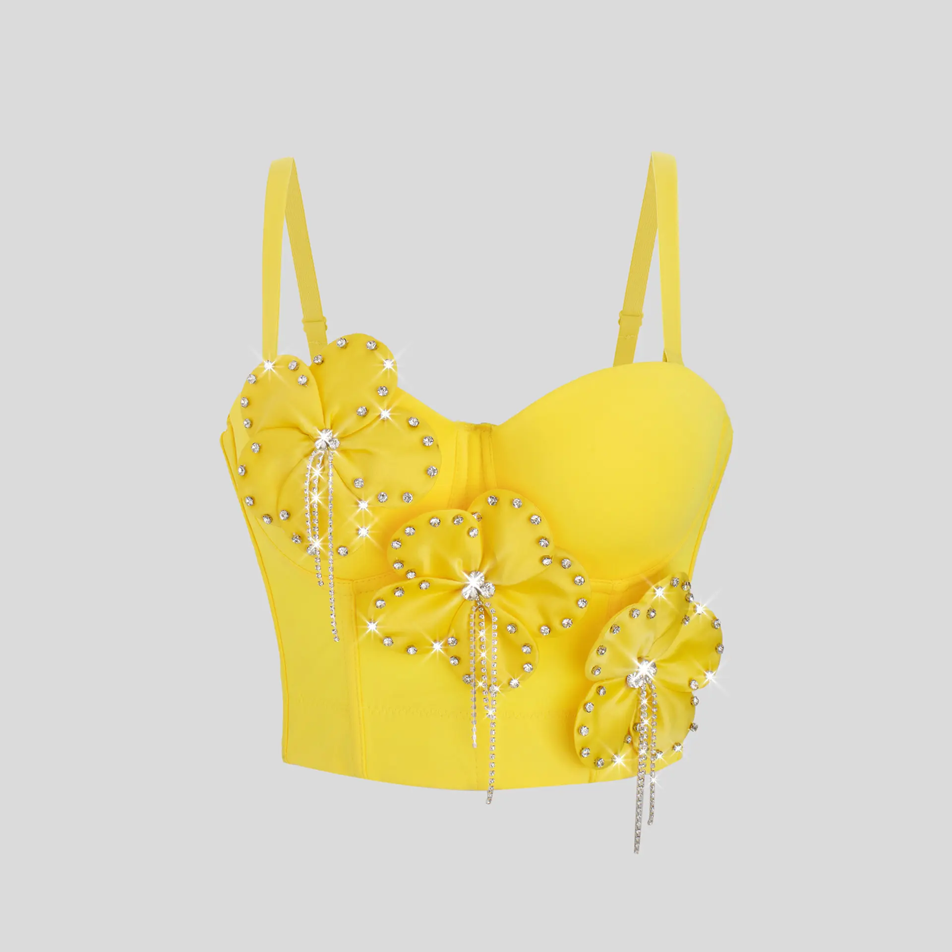 Lady's Halter Bustier Crop Top, Sexy Sleeveless Going Out Party Wear with Floral Appliqué, Rhinestones, and Boning, Spaghetti Strap, Halloween, Thanksgiving, Easter, Chinese New Year, Valentines Day, Foldable, Shoulder Strap
