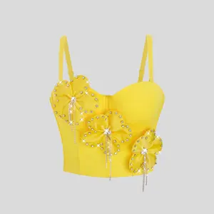 Tube Tank Halter Top Short Handmade Stitched Flowers Tassel Rhinestone Fishbone Weighted Vests Woman Bra Blusas Clothing Wedding Party Blind Date Stage Party Shaper Ladies Crop Sexy Yellow Inner Clothes Elevated Going Out Tank Tube Tops Womenswear