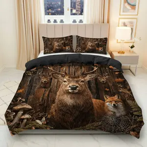 3PCS Duvet Cover Set, Machine Washable Duvet Covers, 1 Duvet+2 Pillowcases(Without filler), Deer Fox Forest Nature Wild Animal theme, Thanksgiving bedding set, Rustic Woodland Lodge Cabin Suitable for decoration Bedroom Living Room Guest Room Cottage