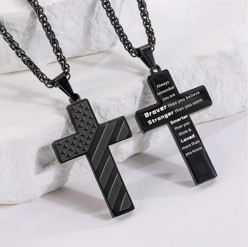 Black Crossflag Necklace,with Bible Verse& AmericanFlag,Inspirational Gift for MenTeens Boys Confirmation Birthday CoolBoyfriend Chain,Daily Accessories