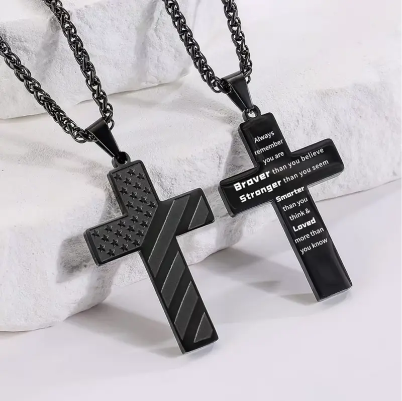 Black Crossflag Necklace,with Bible Verse& AmericanFlag,Inspirational Gift for MenTeens Boys Confirmation Birthday CoolBoyfriend Chain,Daily Accessories
