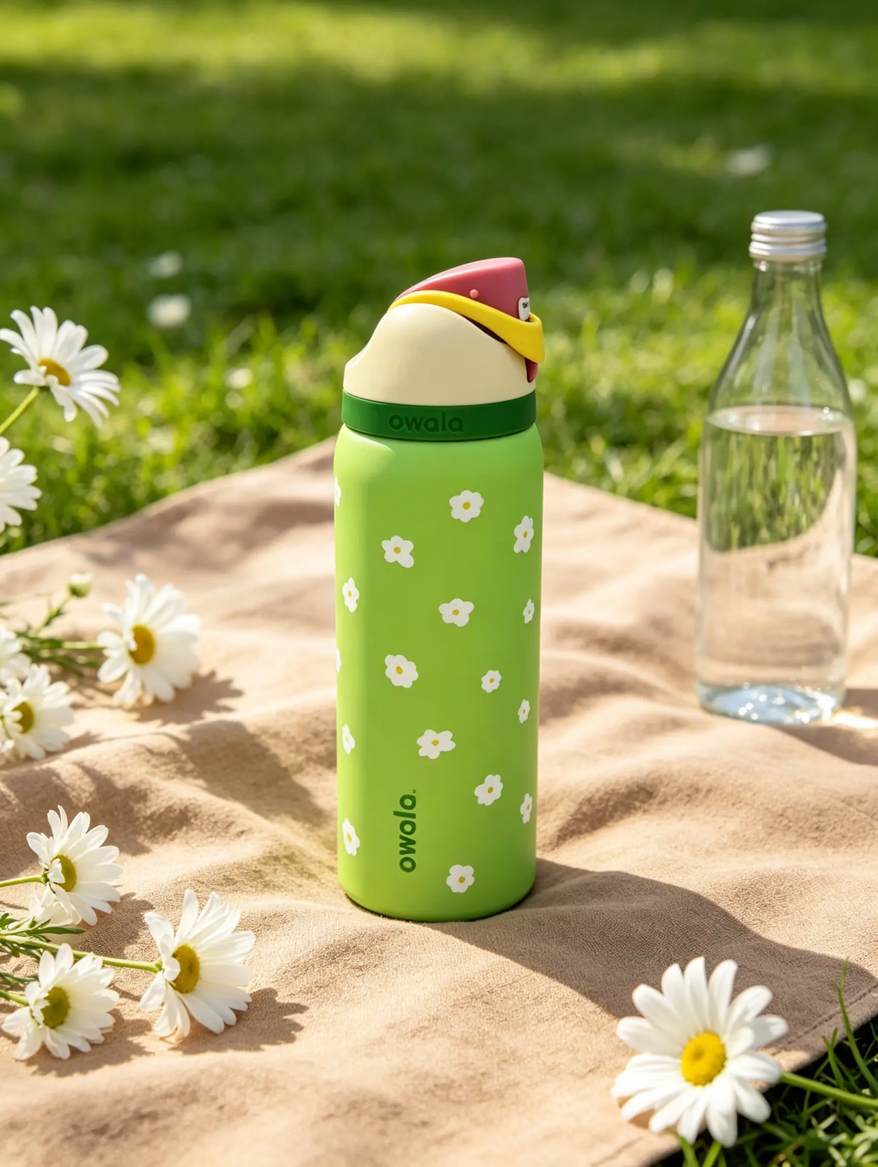 Owala 32ozGreen Daisy Insulated Water Bottle with Carry Handle, Cute Floral Stainless Steel Thermos with Straw, Leak Proof Push Button Lid, 32 oz Double Wall Vacuum Insulated