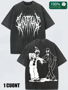 Men's Vintage Casual Distressed Print Fitted T-Shirt, Horror Clown Aesthetic, 100% Cotton Oversized Short Sleeve, Metal Logo, Gothic Streetwear