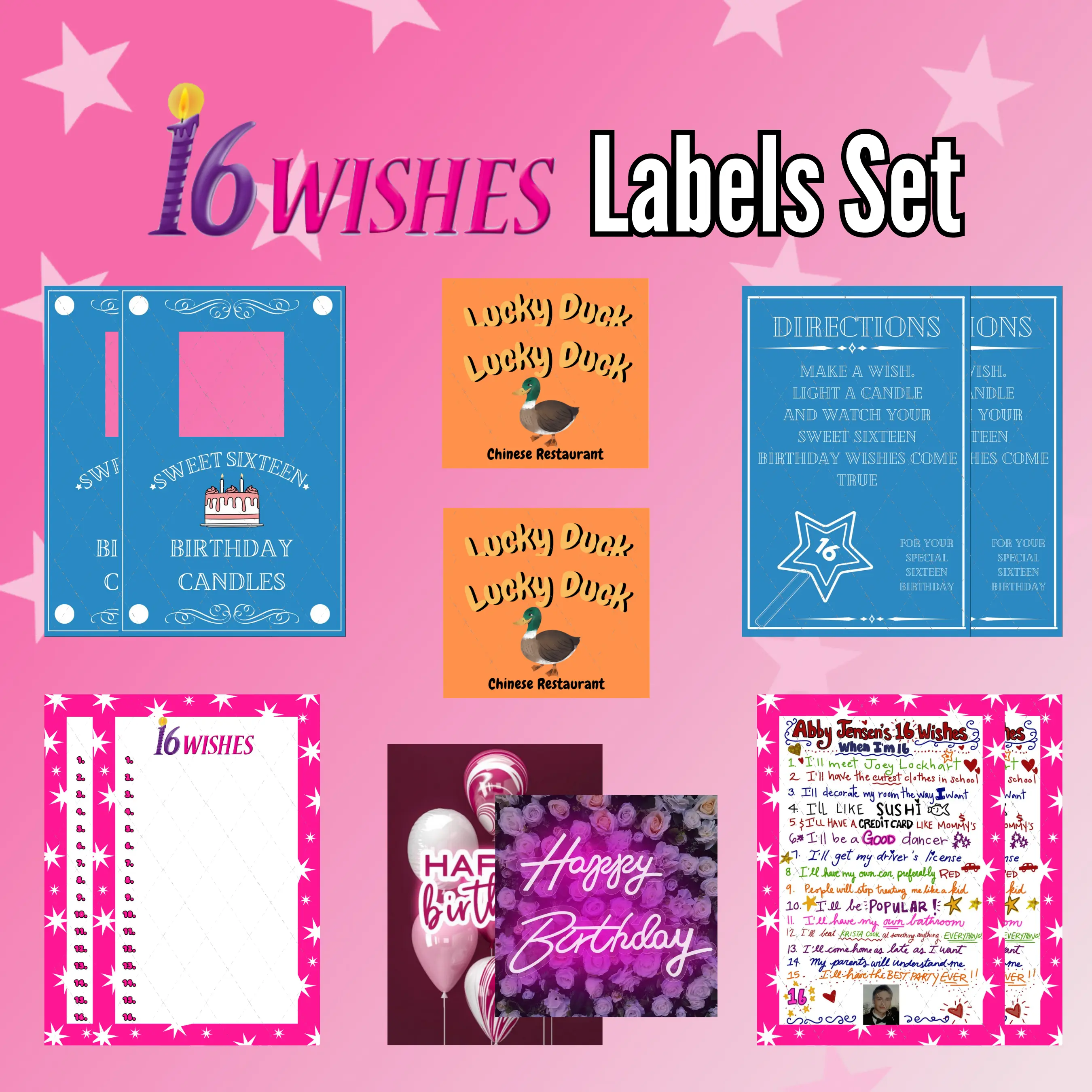 16 Wishes Candles Box, Lucky Duck Matchbox and Wish Lists Labels Set