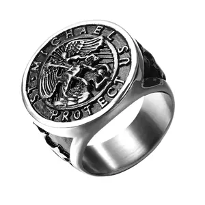 OIDEA Men's Saint Michael Signet Ring - Stainless Steel Religious Archangel Cross Emblem Ring, Christian Faith Religious Motif Steel Jewelry, Cross Emblem Rings, Religious Motif Rings