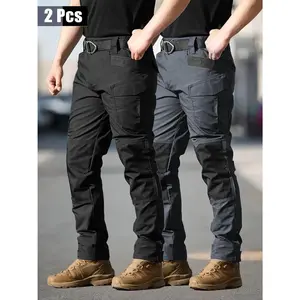 HOMUG 2-Pack Men's Tactical Cargo Pants with elastic waistband and multifunctional pockets. Designed with dedicated knee pads, they are made from brand-new 230 g/m² fabric, ideal for spring and summer wear as well as outdoor activities.