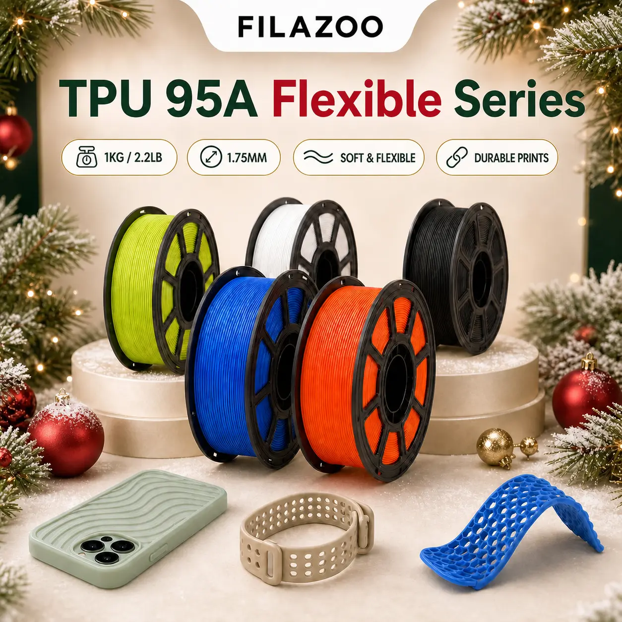 FILAZOO TPU Flexible 3D Printer Filament 1.75mm 1KG Spool | Soft High Elasticity Rubber Like | Clog-Free Easy Printing | Compatible with Bambu Lab X1/P1S/A1, Creality Ender 3, FDM 3D Printers Flexible Phone Case Parts