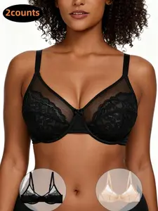 2 Pack Women's Floral Lace Underwire Bra Set, Comfortable Breathable Mesh Cups, Full Coverage Compression Bras,