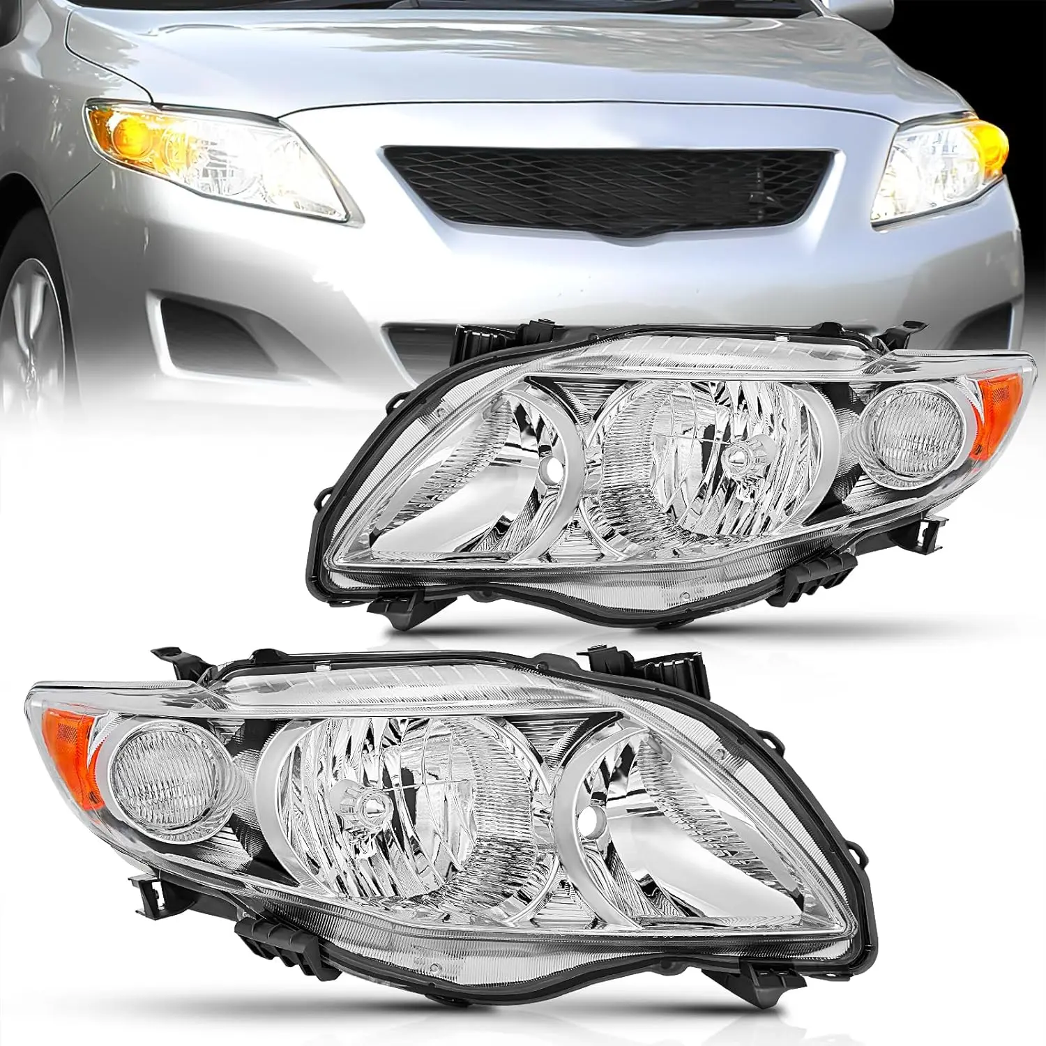 Nilight Headlight Assembly Compatible with 2009 2010 Toyota Corolla XLE/LE/Base Replacement Headlamp Chrome Housing Amber Reflector Driver and Passenger Side(Not fit S or XRS Trim), Car Light, Anti-Fog, Cars Accessories, Fog Free, High Lumen Headlight, Ca