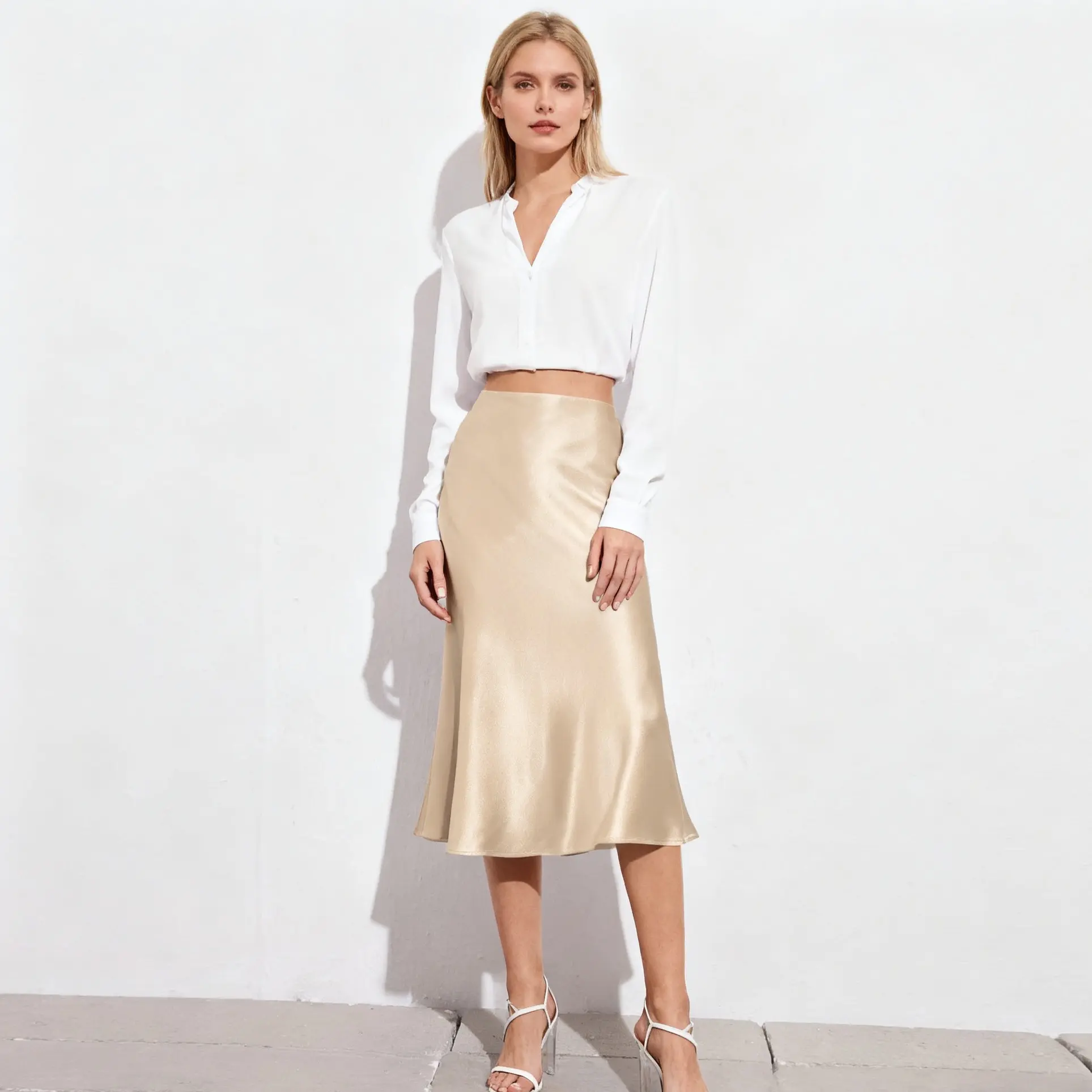 Womens Satin Skirts Casual Silk Midi Skirt High Waisted Long Skirts Zipper Elegant Work Skirts parachute maxi summerwins,back to school shopping