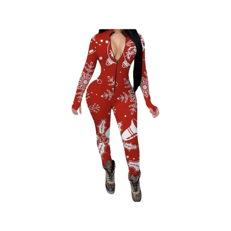 Christmas Jumpsuit One Piece - Red Snowflake Design with Open Back for Festive Wear Rompers