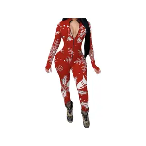 Christmas Jumpsuit One Piece - Red Snowflake Design with Open Back for Festive Wear Rompers