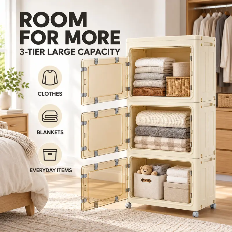 IMUU Large Foldable Storage Bins with Lid, Stackable Plastic Storage Boxes with Wheels, Collapsible Closet Organizer for Home Organization