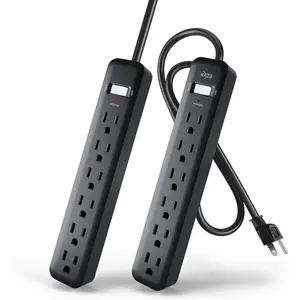 6-Outlet Power Strip, 2-Pack, 2-Foot Short Extension Cord with Multiple Outlets, 6 AC Power Outlet Power Bar, 2pk Power Strips, Black