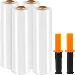 4 Pack Stretch Wrap Rolls with Soft Handles, 15 in x 1000 ft 60 Gauge Industrial Strength Plastic Wrap for Pallet Packing, Transportation, Logistics