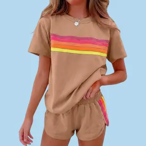 Trendy Rainbow Loose Fit Sports Set | Dopamine Rainbow Casual Active Set | Summer Breathable Rainbow Sports Short Sleeve Set sweatsuit