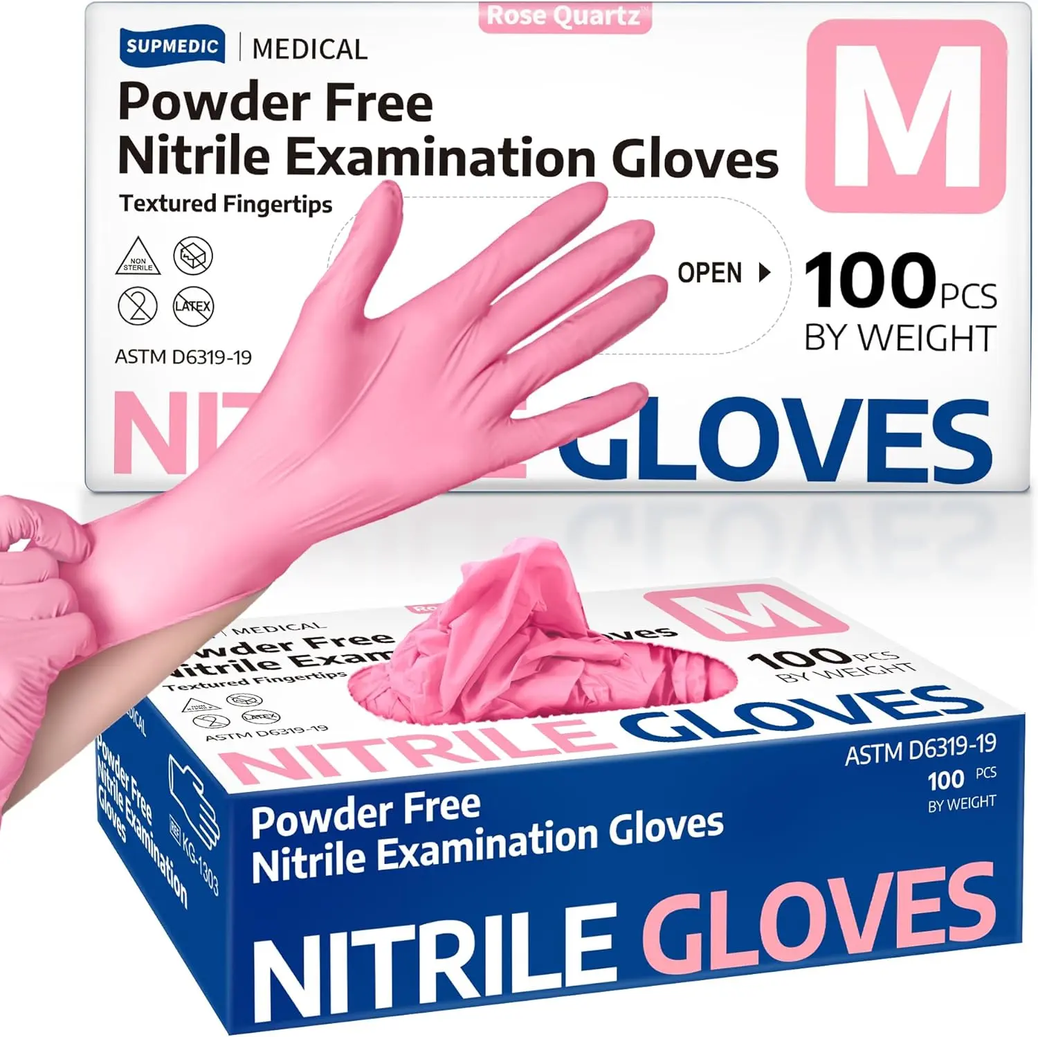 Medical Nitrile Exam Gloves, 3.5 mil Pink Powder-Free Food-Safe Disposable Glove for Cleaning & Esthetician, 100 Pcs, Comfortable