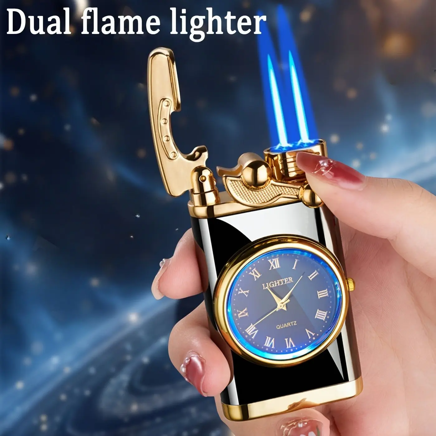 (Butane Gas Not Included) Windproof Dual Flame Lighter, Butane Refillable Adjustable Flame Vintage Heavy-Duty Pocket Lighter for Outdoor Activities, Reliable Ignition, Stylish and Practical Gift