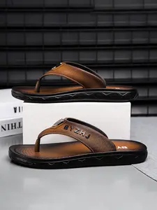 Men's Business Flip Flops, Durable PU Woven Straps, Anti-Slip Rubber Sole, & Colorblock, Casual Summer Shoes