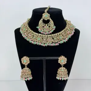 Desi Bollywood Lightweight 2in1 Necklace Choker Set with Jhumka and Tikka Gold-Tone with Colorful Beads