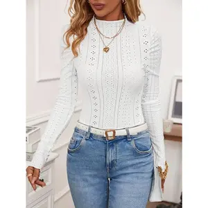 Elegant White Eyelet Bodysuit for Women - Chic Mock Neck, Long Sleeve Collar Polyester Spandex Womenswear Jersey Solid Comfort Basic Casual Knit Tops