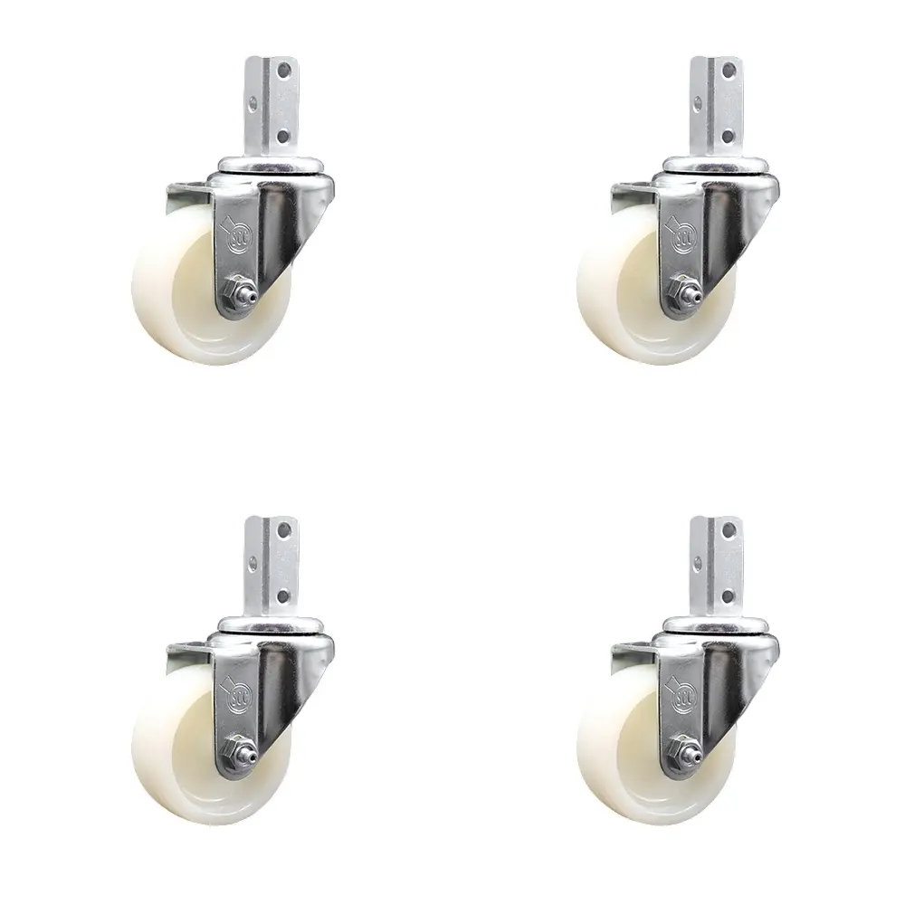 Service Caster SCC-SQ20S314-NYS-34-4 Swivel Square Stem Casters for Carts & Equipment, 3x1.25 in. White Nylon Wheels, 0.75x2 in. Square Stem, 3x0.26 in. Diameter Mounting Holes - Set of 4, Swivel Casters
