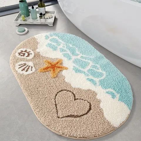 Oval Soft Absorbent Beach Bath Mat - Non-Slip Backing Bathroom Accessory, Easy-Care Decorative Rug, Sea Beach Starfish Shell Azure Bay Themed Home Goods for Bathroom, Entryway Decor, Kitchen Decor