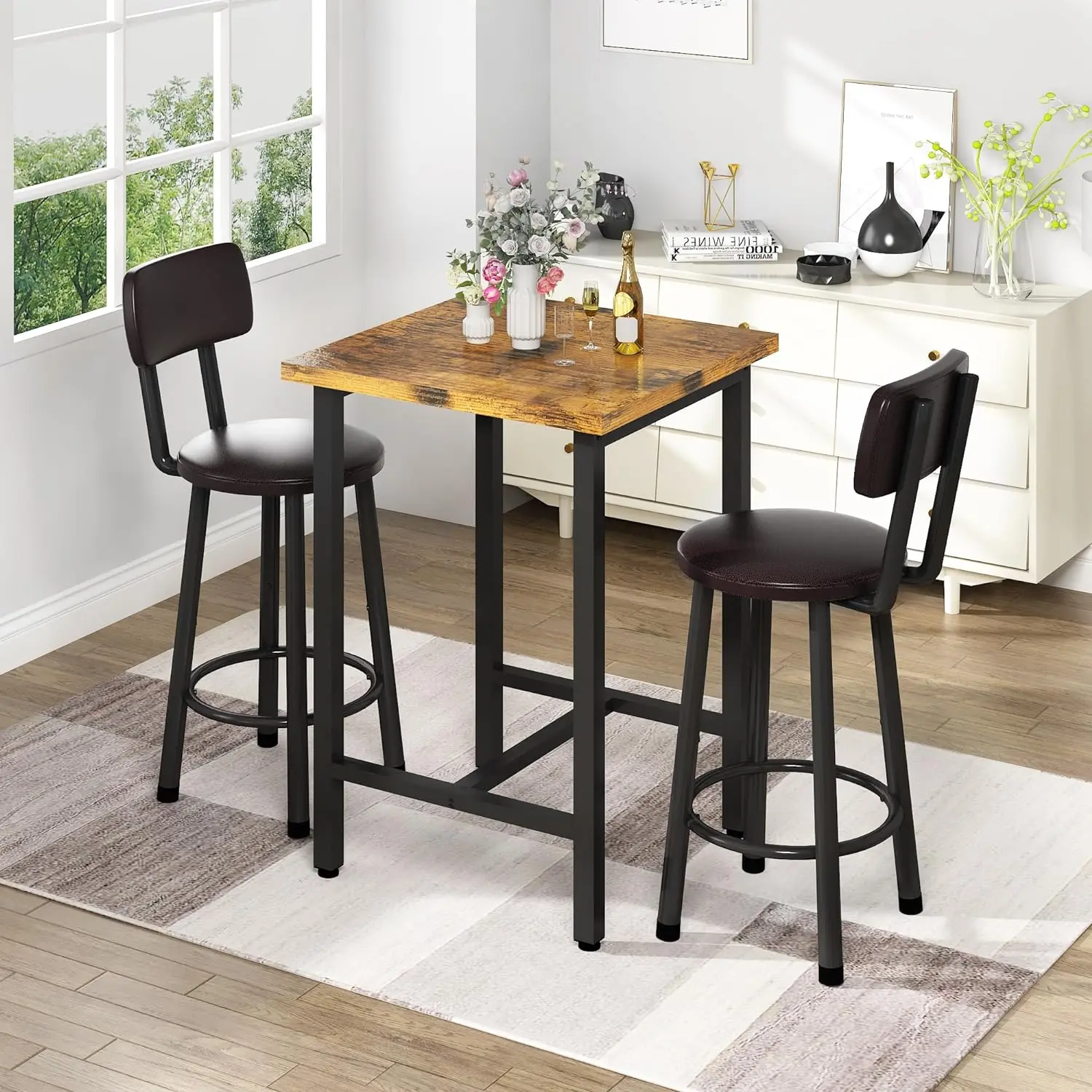 DKLGG 3-Piece Pub Dining Table Set with Chairs, Kitchen Counter Height Wood Top Bistro Set, Easy-Assemble for Small Space Breakfast Nook, 24”
