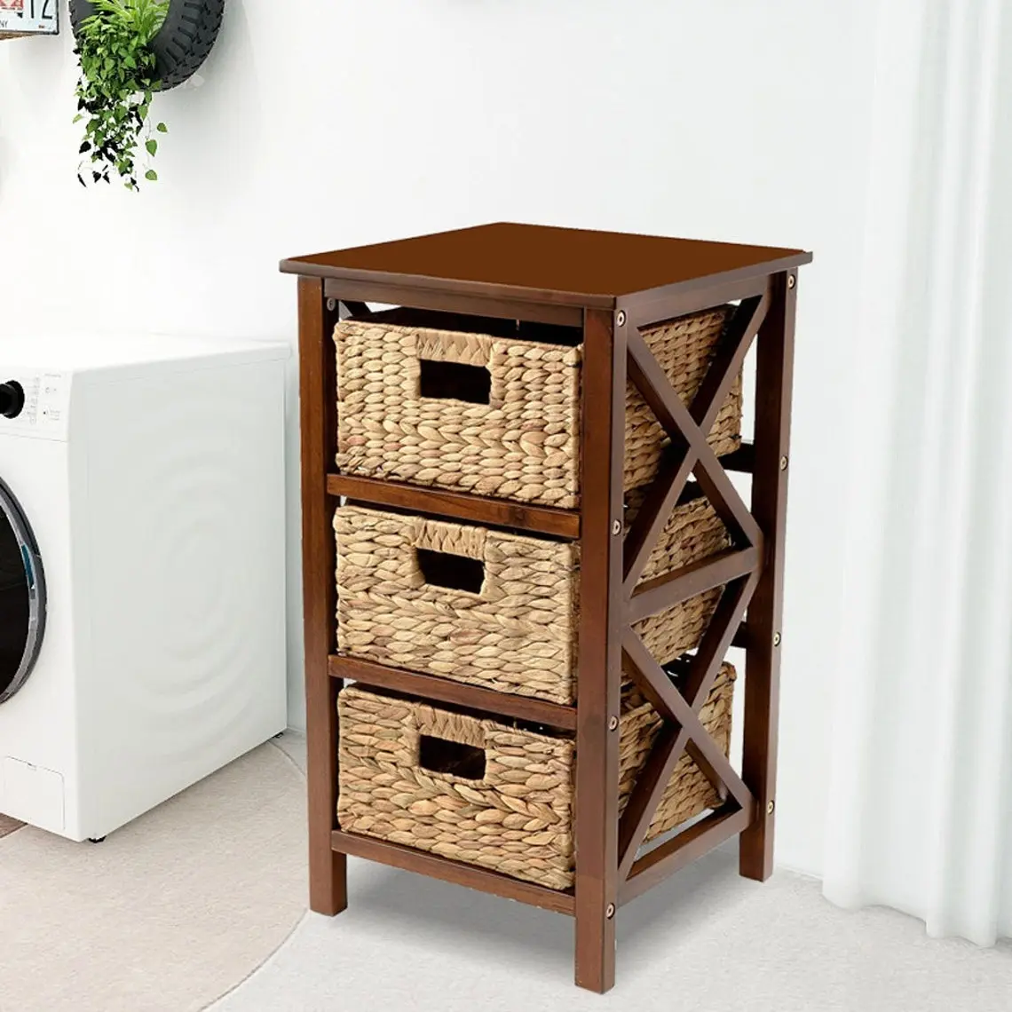 3 Tier X-Side End Storage Cabinet with 3 Water Hyacinth Natural Wicker Baskets