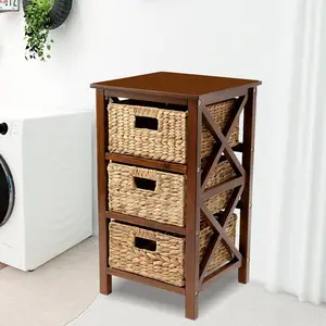 3 Tier X-Side End Storage Cabinet with 3 Water Hyacinth Natural Wicker Baskets