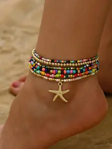 6 Pcs Bohemian Beach Beaded Anklets, Fashionable Simple Women's Star Pendant Layered Anklet Set, Casual Personality Foot Jewelry, Boho Anklet