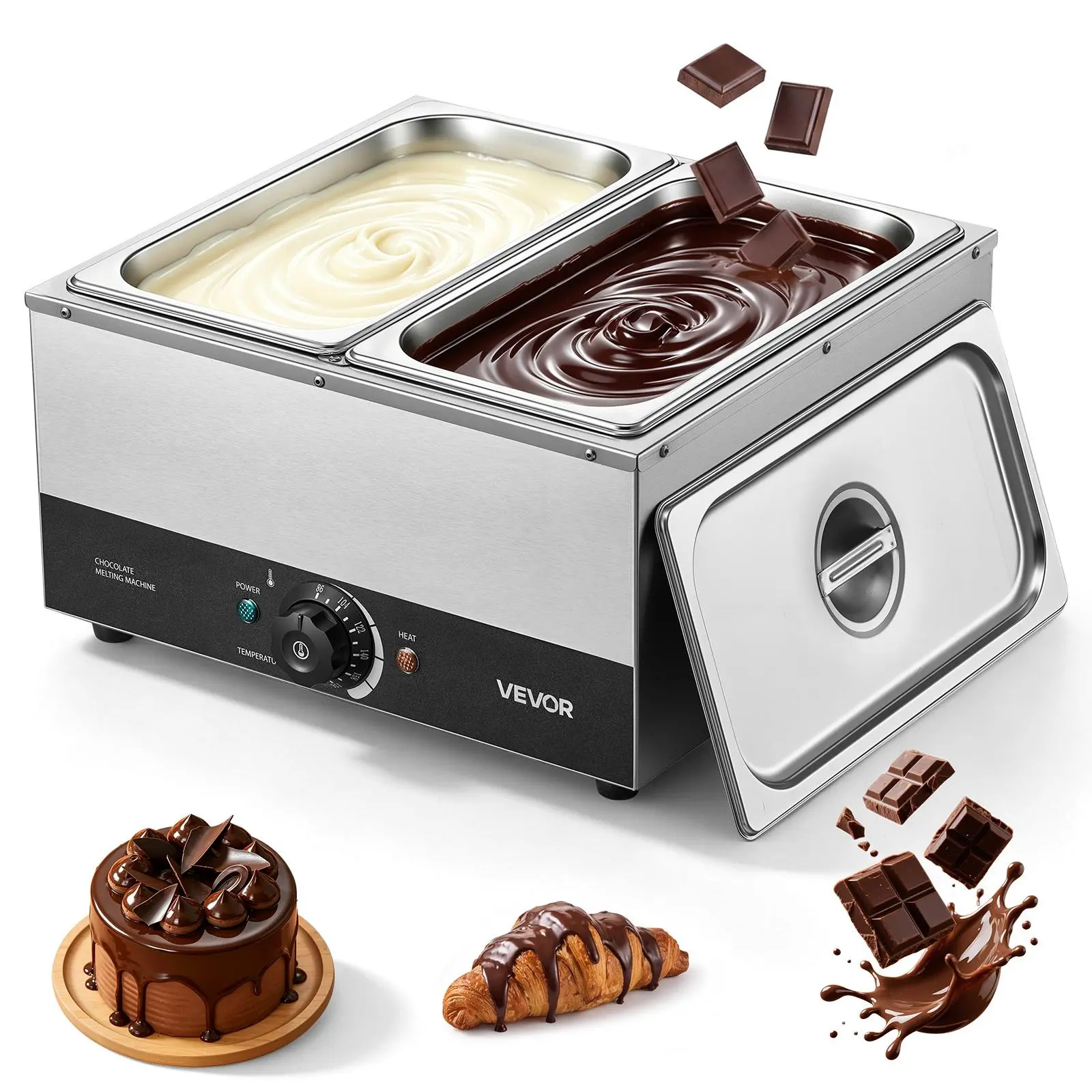 VEVOR Chocolate Melting Machine, 2 Tanks 17.6 Lbs Choc Commercial Melter, 1200W High Power, Water Bath Heating System, Stainless Steel Body, 86℉- 185℉ Temp Range, Chocolate Warmer for Cheese Milk