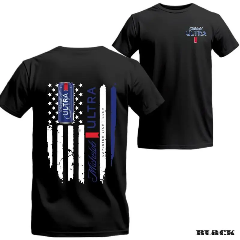 Men's American Flag Beer Graphic Print T-Shirt - Casual Round Neck Short-Sleeve Top, Fitted Cut, Lightweight Breathable Cotton Fabric, USA-Made for Summer