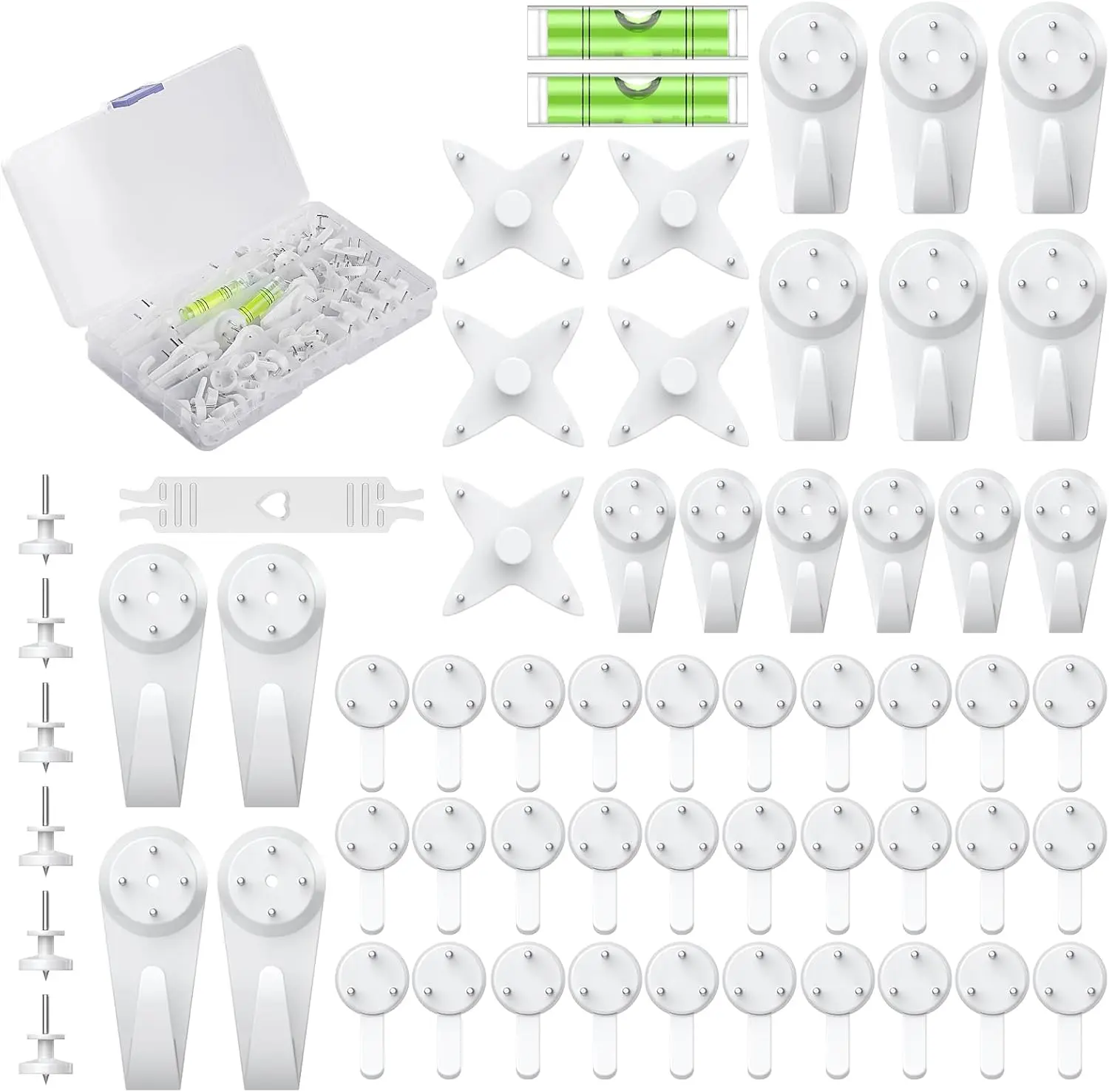 60 count Picture Hangers Hanging Kit for Hard Walls, Picture Hooks, Non-Trace Wall Hooks with Nails, White Picture Hangers Stucco Hooks for Photo Frame, Painting and Art