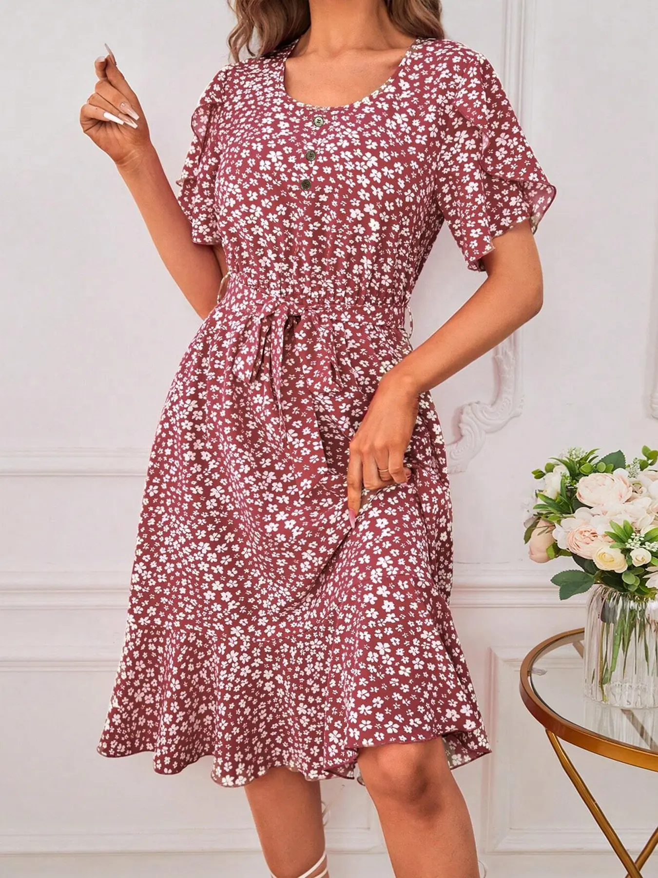 Women's Wine Floral Round Neck Ruffled Sleeve Adjustable Waist Tie Dress, French Vintage Style, Feminine, Spring Summer Casual Romance, Fitted Design, Womenswear