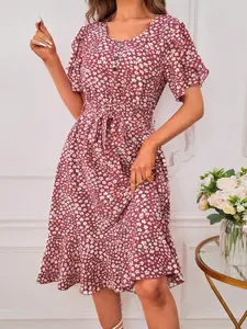 Women's Wine Floral Round Neck Ruffle Sleeve Waist Tie Dress, French Vintage Style, Feminine, Spring Casual Romance, Fitted Design