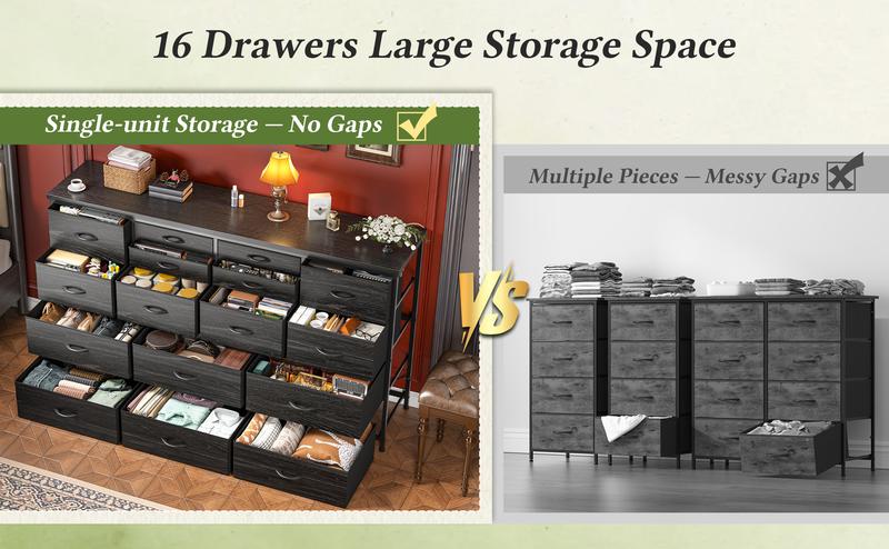 Raybee Furniture Dresser with 16 Drawers, Multifunctional TV Stand & Charging Station, 51.1" Long, 34.8" Height, 3 Power Outlet & 2 USB Ports