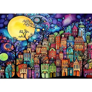 1PCS Diamond Painting Kit Moonlit City Colorful Houses Night Sky DIY Art Craft for Home Decor Adults Ki