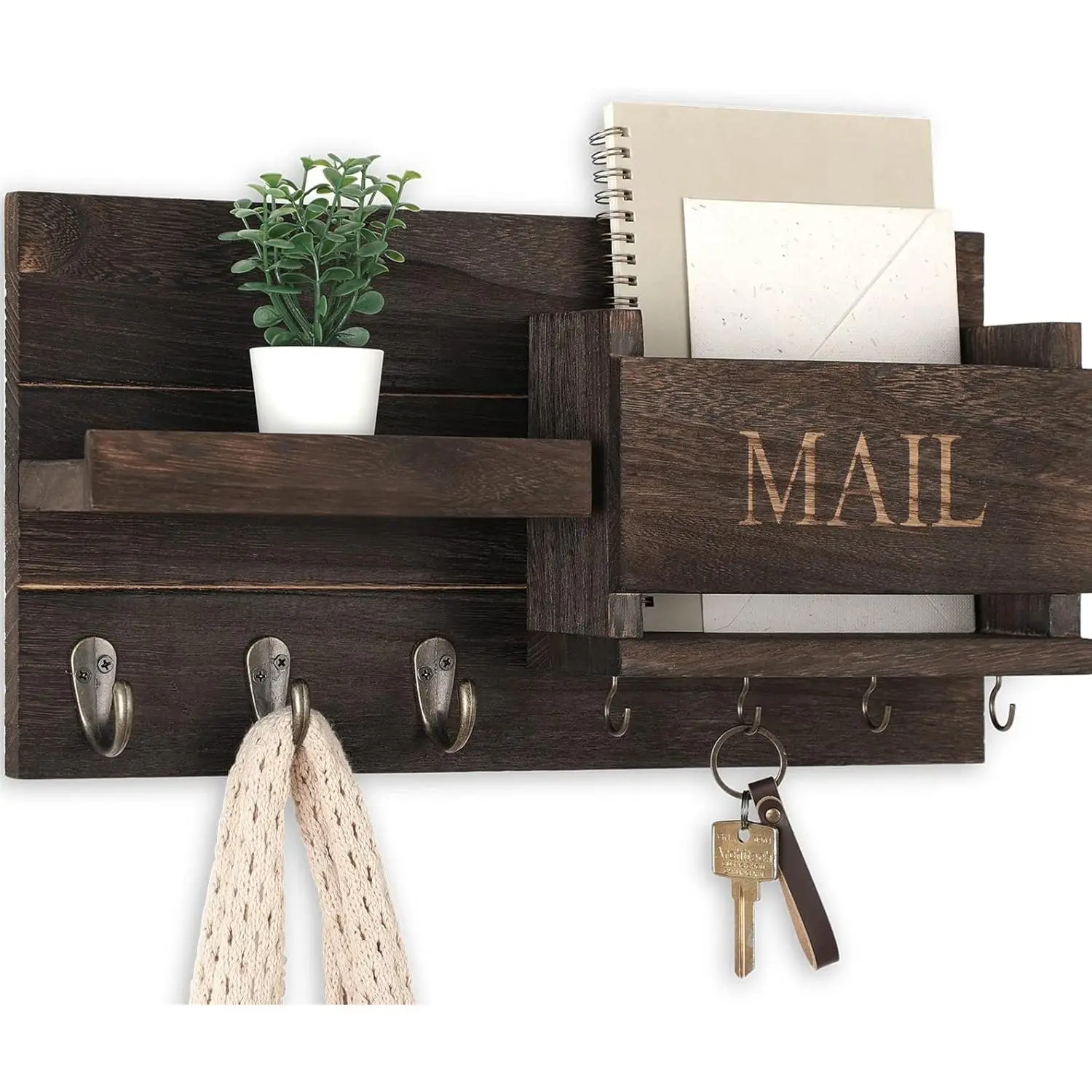 Rustic Wooden Wall-Mount Mail Organizer with Key Storage, Letter Holder, Shelf and Hooks, 16.5x9.1x3.4" Brown Hallway Decor with Flush Mounting Hardware, 16.5X9.1"