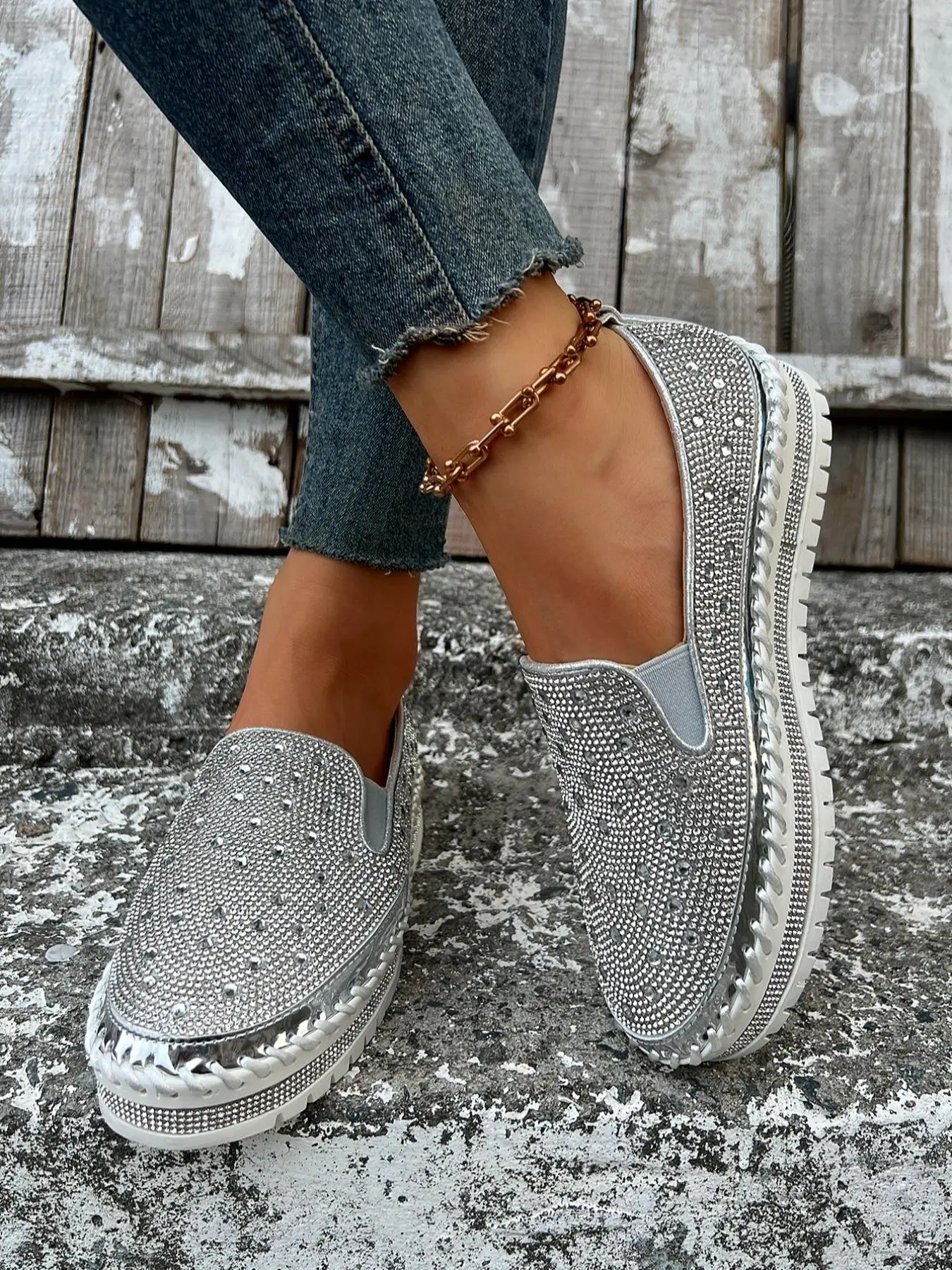 Women's Fashionable Rhinestone Accents Decorated Slip on Wedge Sneakers, Casual Comfortable Round Toe Loafers, All-match Commuter Sturdy Thick Sole